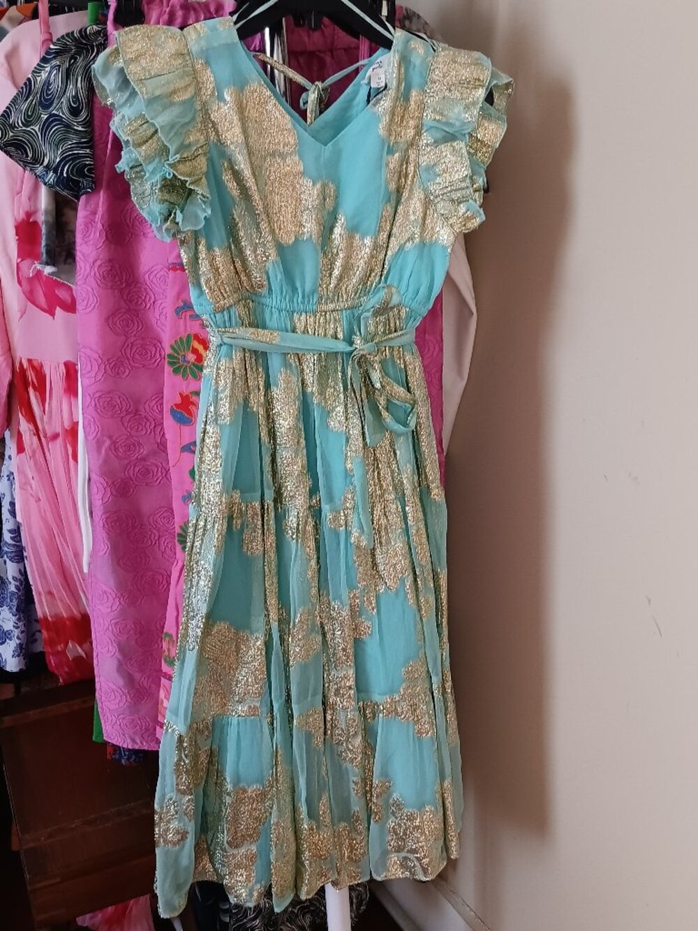 NWT Big Girls Aqua Metallic Gold Party Dress Size Medium